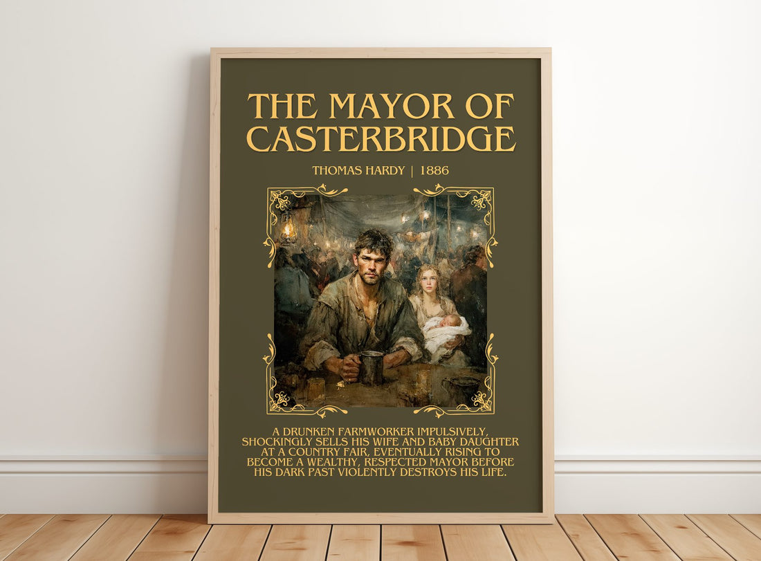 The Mayor Of Casterbridge Minimalist Book Poster by Thomas Hardy – framed print leaning on a wooden floor