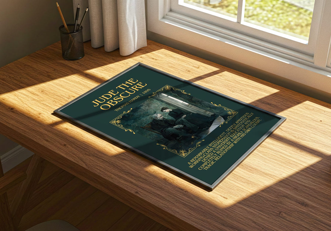 Jude The Obscure Minimalist Book Poster by Thomas Hardy – print on a sunlit desk