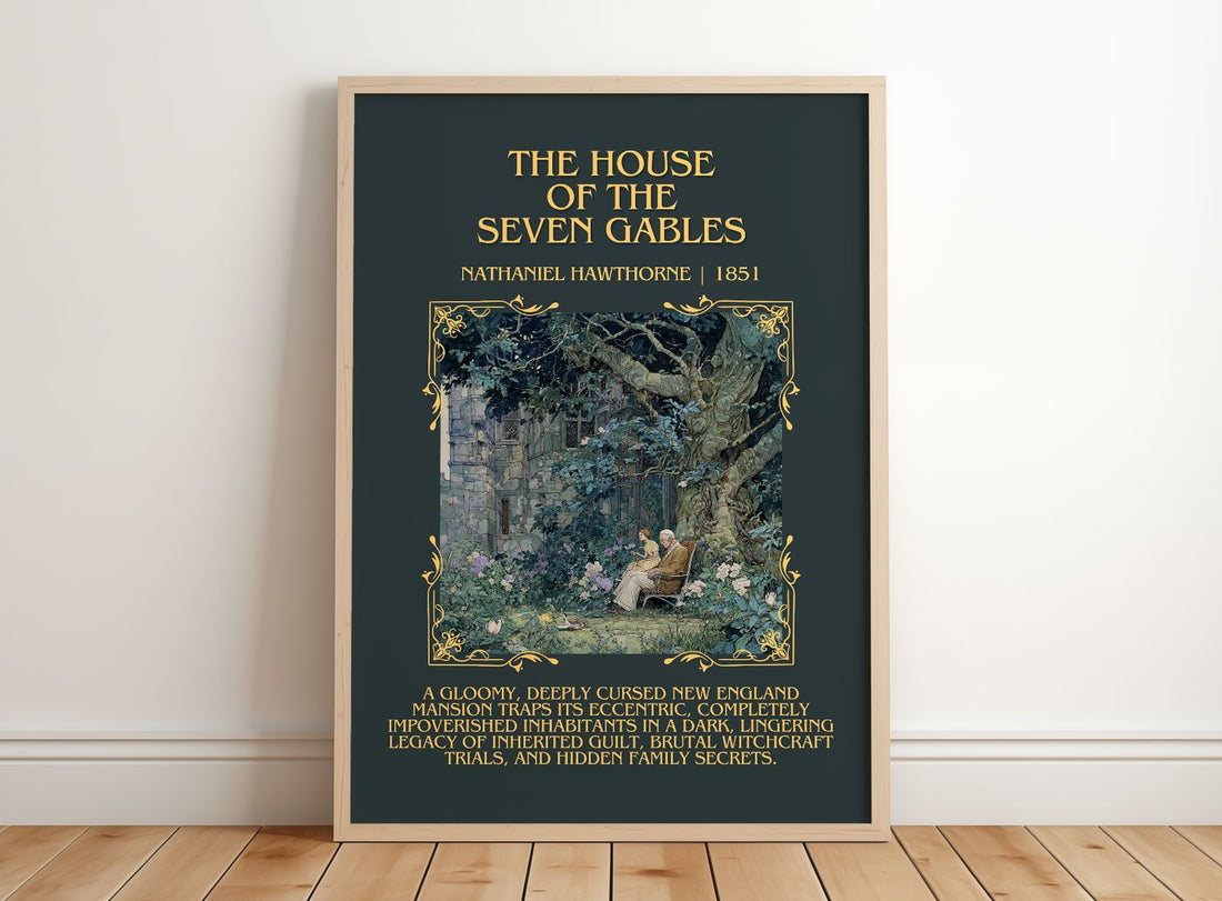 House Of The Seven Gables Minimalist Book Poster by N. Hawthorne – framed print leaning on a wooden floor