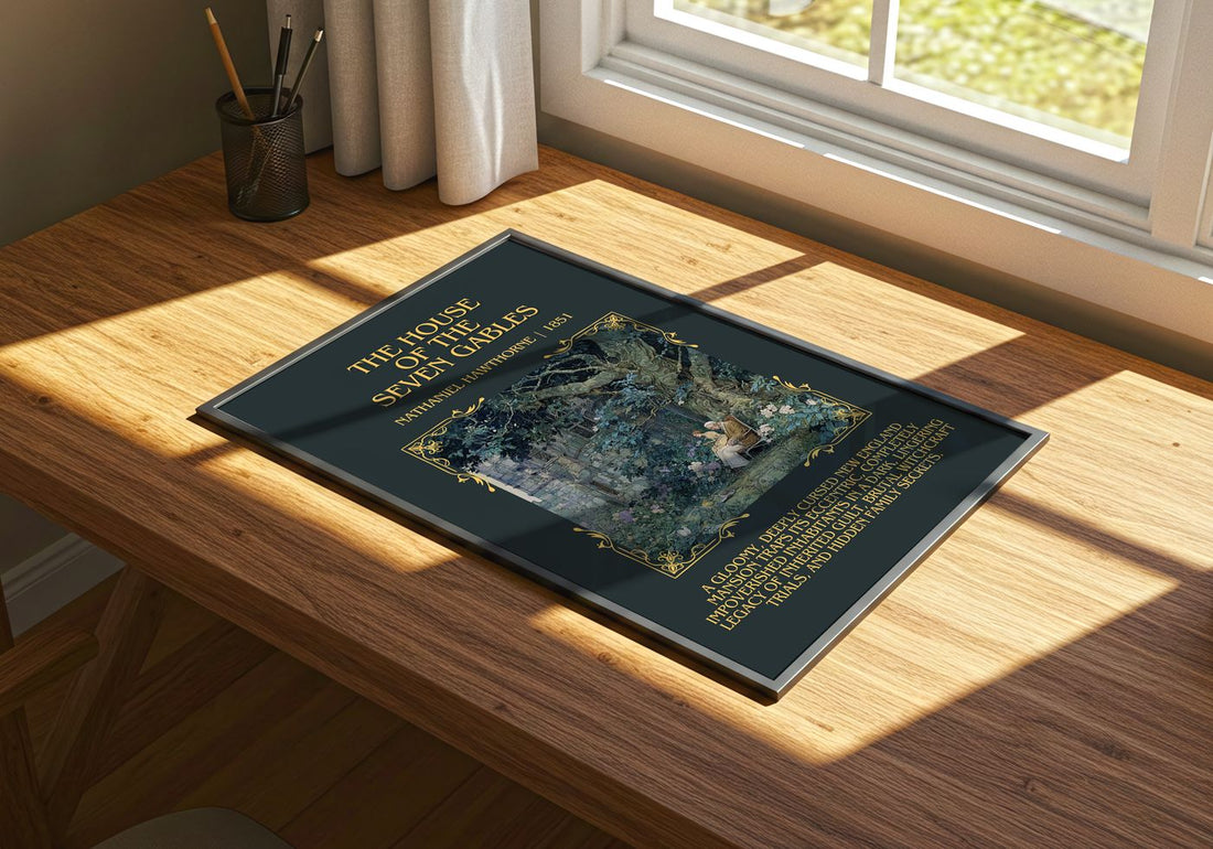House Of The Seven Gables Minimalist Book Poster by N. Hawthorne – print on a sunlit desk