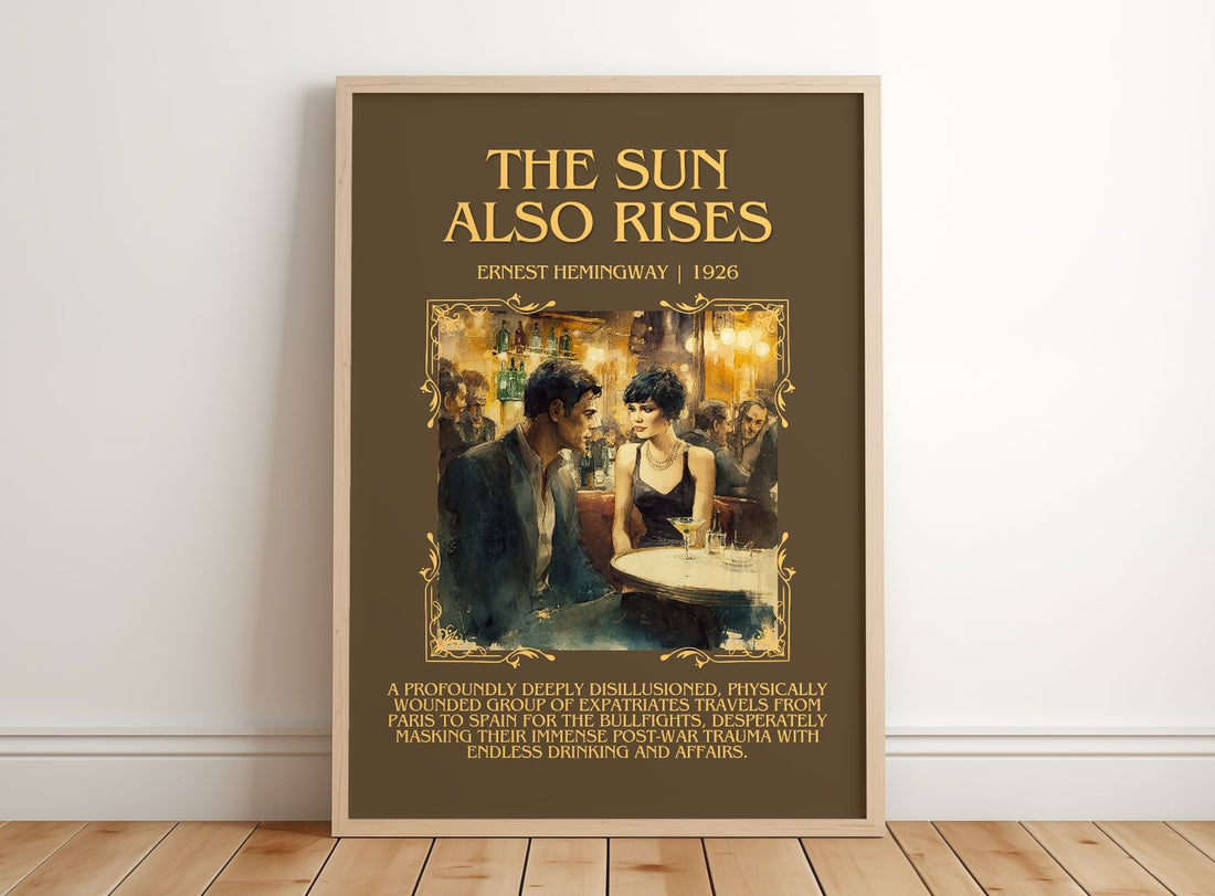 The Sun Also Rises Minimalist Book Poster by Ernest Hemingway – framed print leaning on a wooden floor