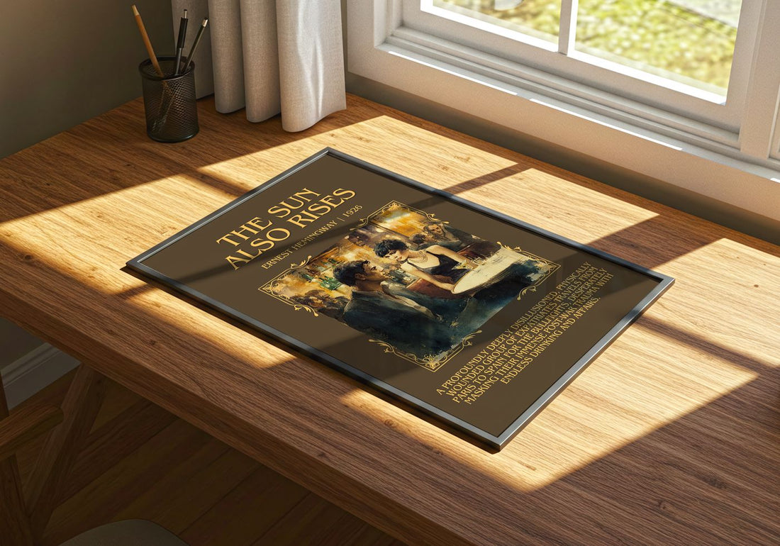 The Sun Also Rises Minimalist Book Poster by Ernest Hemingway – print on a sunlit desk