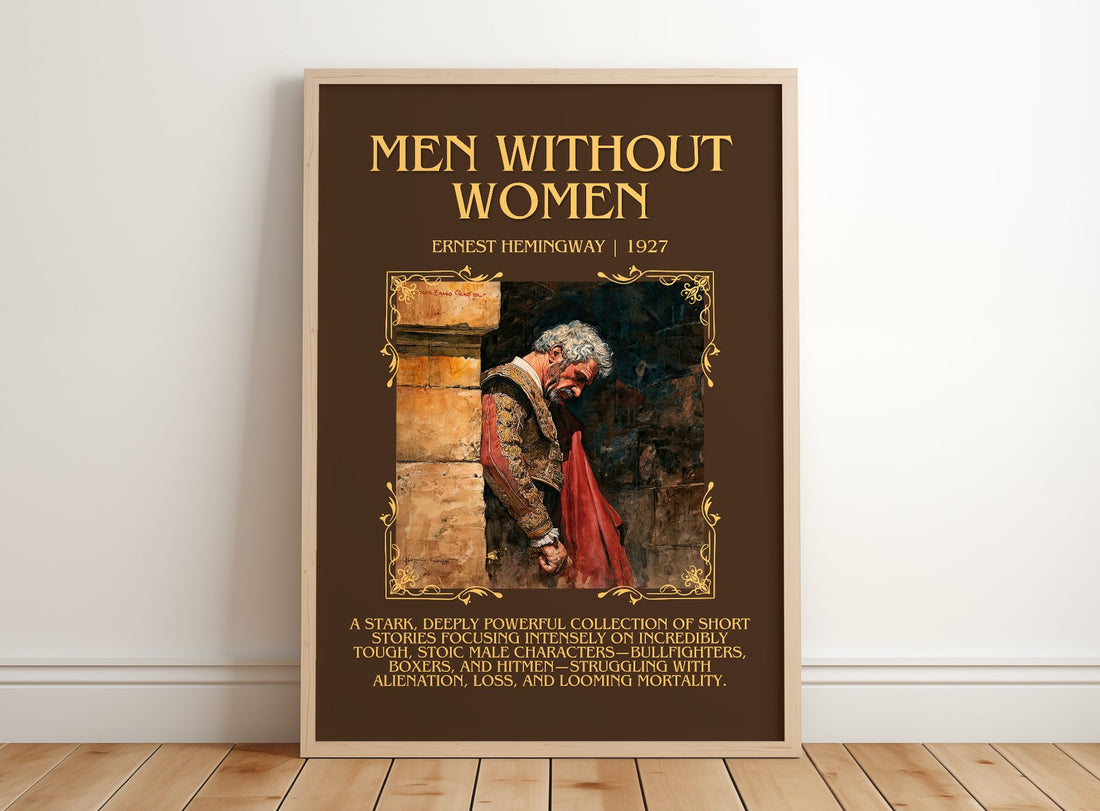 Men Without Women Minimalist Book Poster by Ernest Hemingway – framed print leaning on a wooden floor