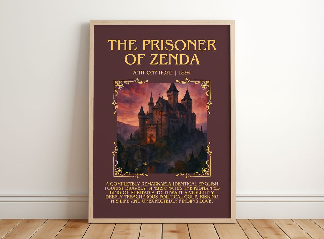 The Prisoner Of Zenda Minimalist Book Poster by Anthony Hope – framed print leaning on a wooden floor