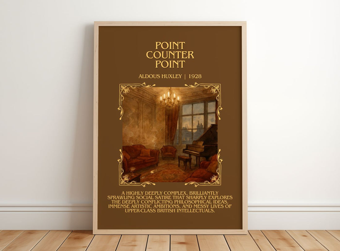 Point Counter Point Minimalist Book Poster by Aldous Huxley – framed print leaning on a wooden floor
