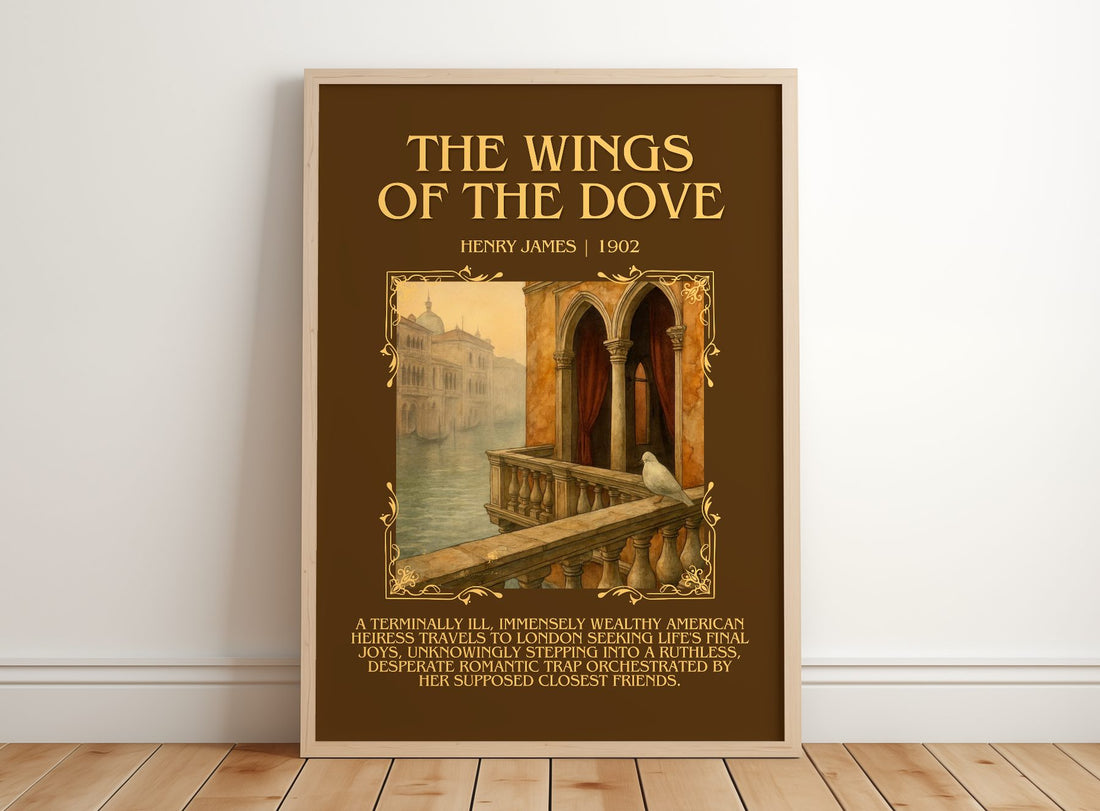 The Wings Of The Dove Minimalist Book Poster by Henry James – framed print leaning on a wooden floor