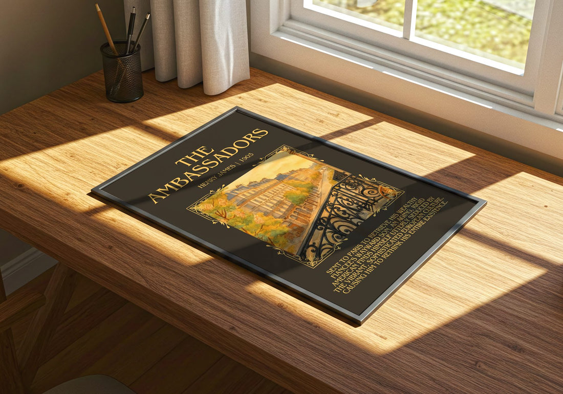 The Ambassadors Minimalist Book Poster by Henry James – print on a sunlit desk