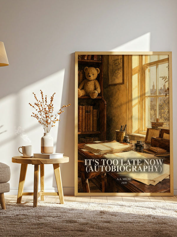 It'S Too Late Now (Autobiography) watercolour print in frame leaning in hallway – memoir wall art
