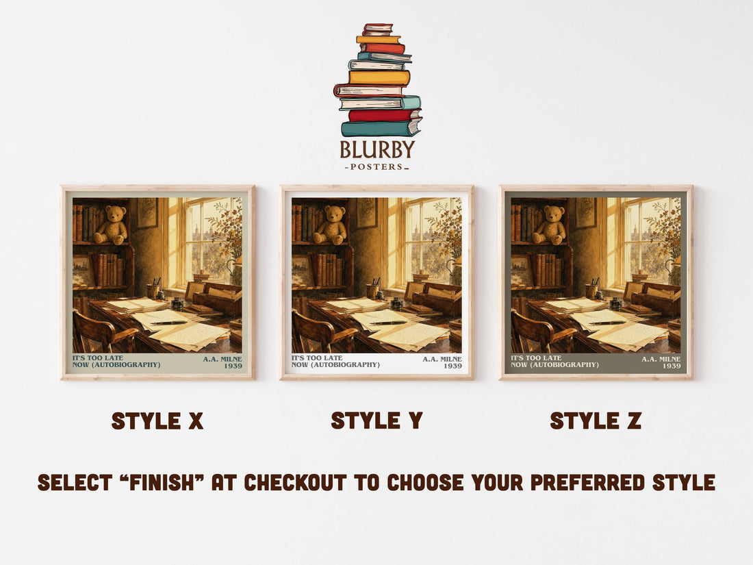 It'S Too Late Now (Autobiography) literary print in frame leaning in hallway – memoir wall art (mockup)
