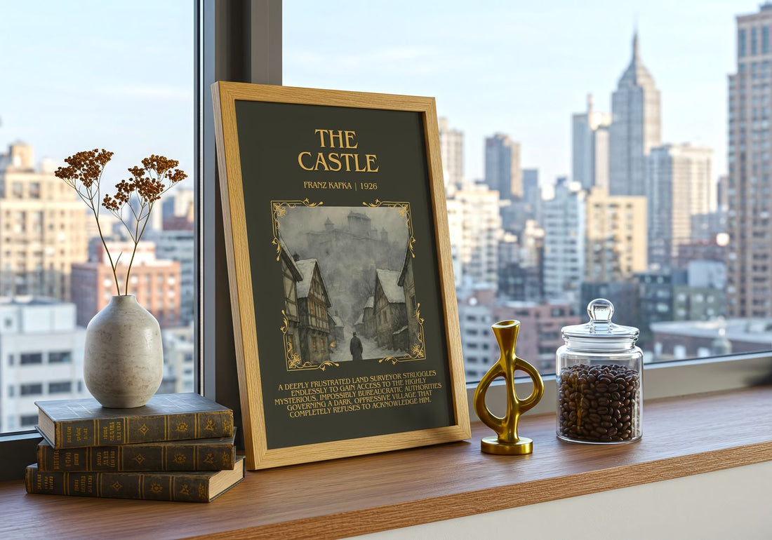 The Castle Minimalist Book Poster by Franz Kafka – framed print on a city-view windowsill