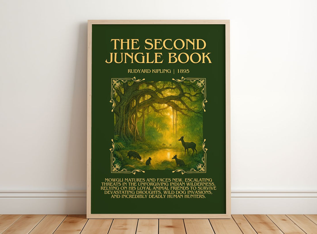 The Second Jungle Book Minimalist Book Poster by Rudyard Kipling – framed print leaning on a wooden floor