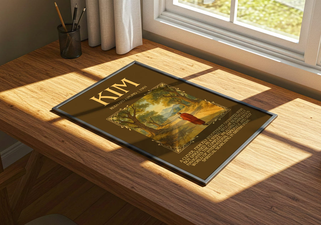 Kim Minimalist Book Poster by Rudyard Kipling – print on a sunlit desk