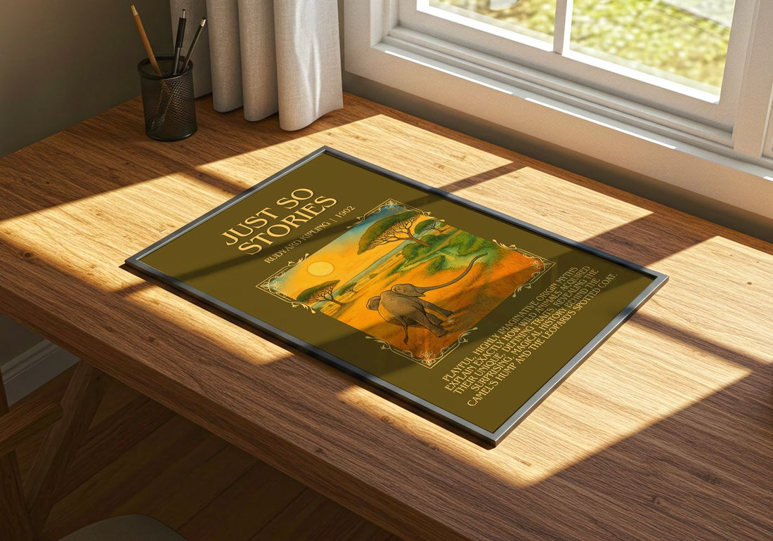 Just So Stories Minimalist Book Poster by Rudyard Kipling – print on a sunlit desk