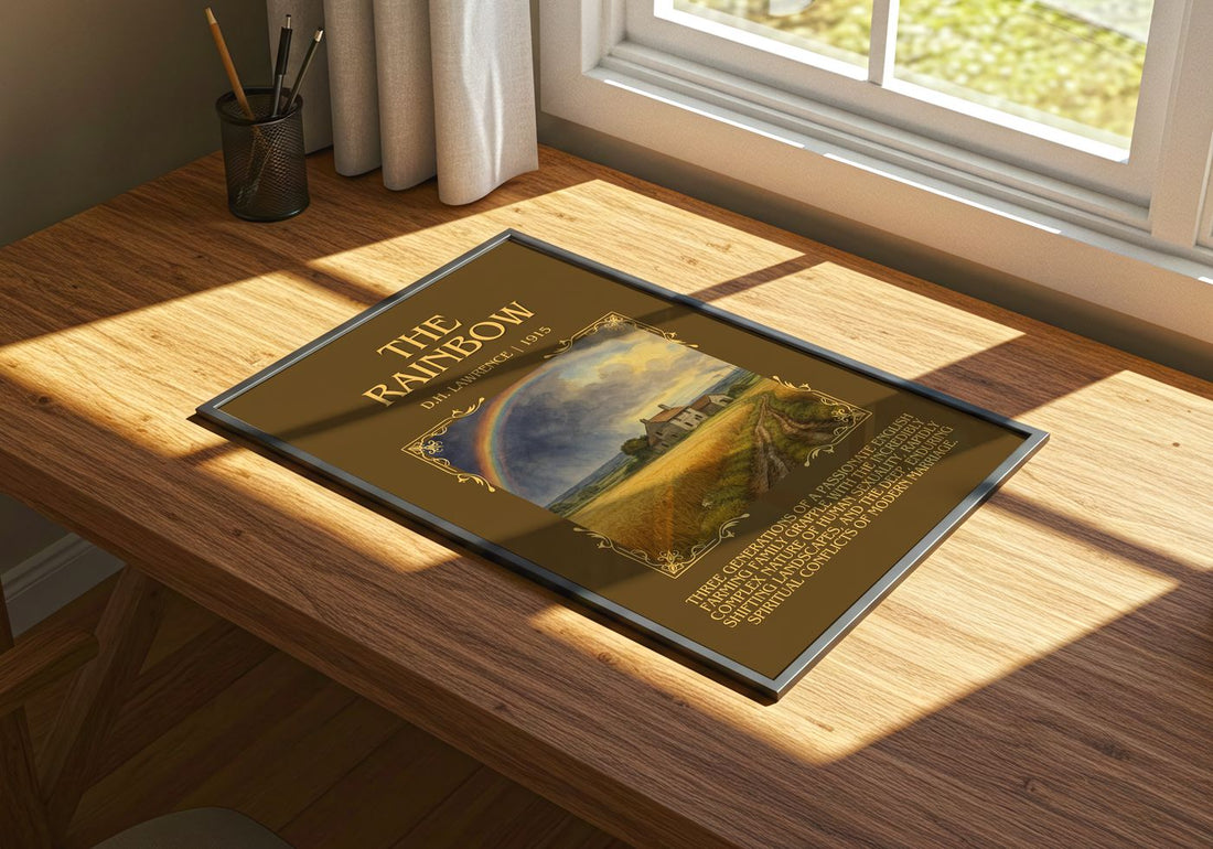 The Rainbow Minimalist Book Poster by D.H. Lawrence – print on a sunlit desk