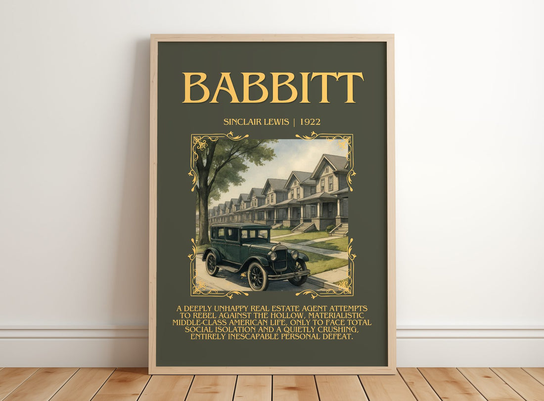 Babbitt Minimalist Book Poster by Sinclair Lewis – framed print leaning on a wooden floor