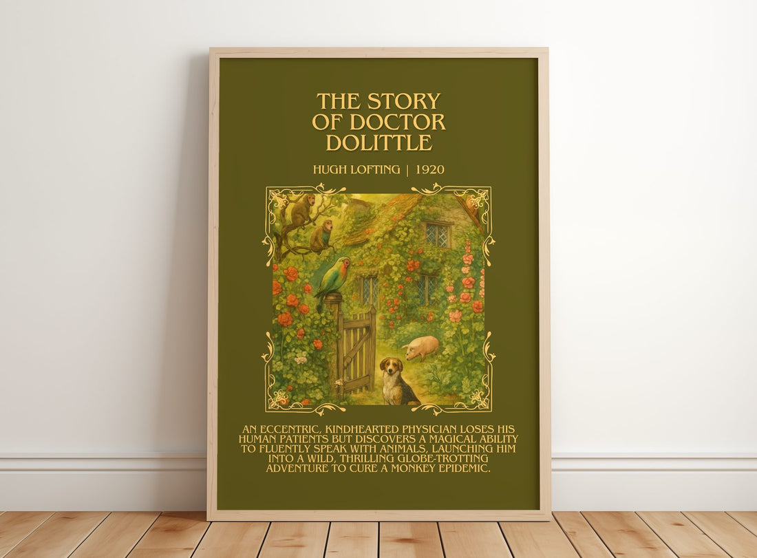 The Story Of Doctor Dolittle Minimalist Book Poster by Hugh Lofting – framed print leaning on a wooden floor