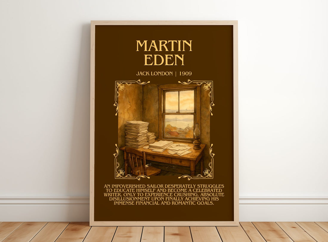 Martin Eden Minimalist Book Poster by Jack London – framed print leaning on a wooden floor