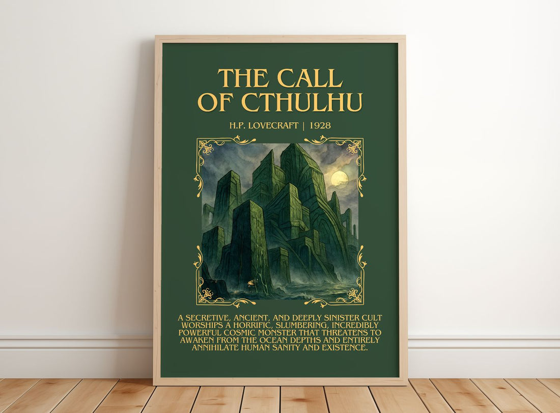 The Call Of Cthulhu Minimalist Book Poster by H.P. Lovecraft – framed print leaning on a wooden floor