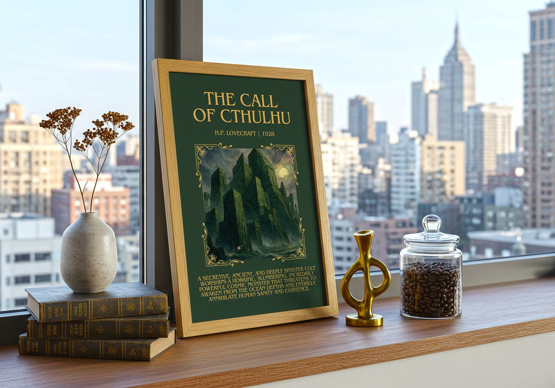 The Call Of Cthulhu Minimalist Book Poster by H.P. Lovecraft – framed print on a city-view windowsill