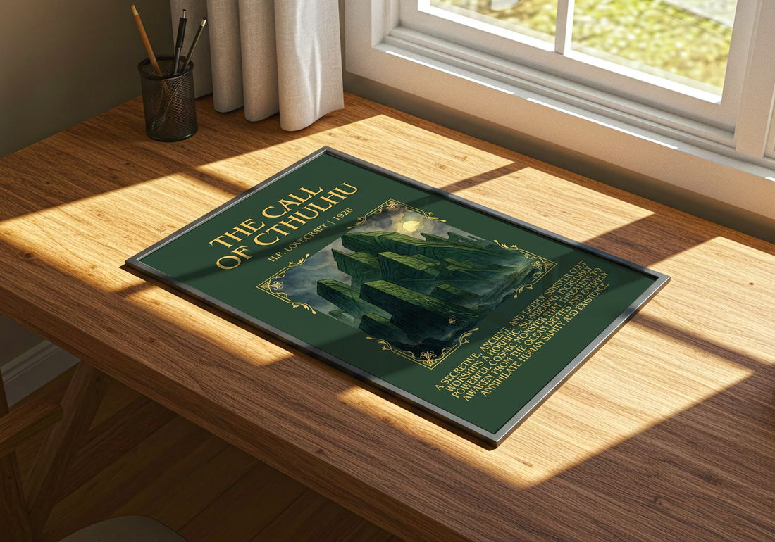 The Call Of Cthulhu Minimalist Book Poster by H.P. Lovecraft – print on a sunlit desk