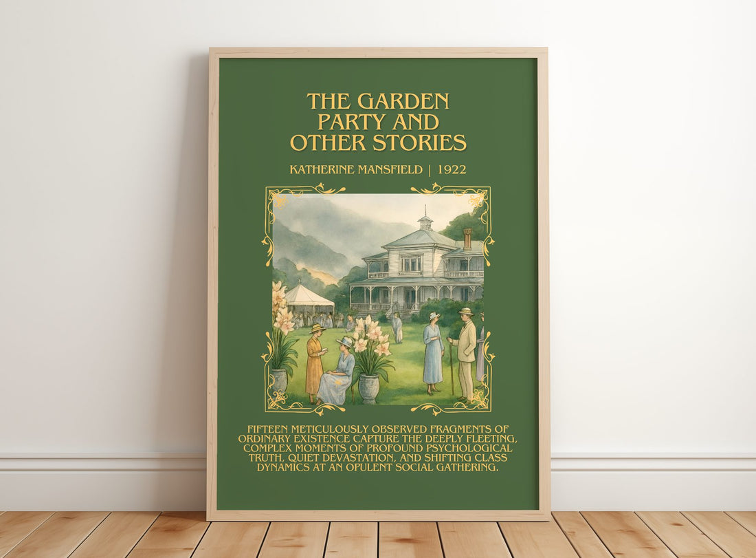 Garden Party And Other Stories Minimalist Book Poster by K. Mansfield – framed print leaning on a wooden floor
