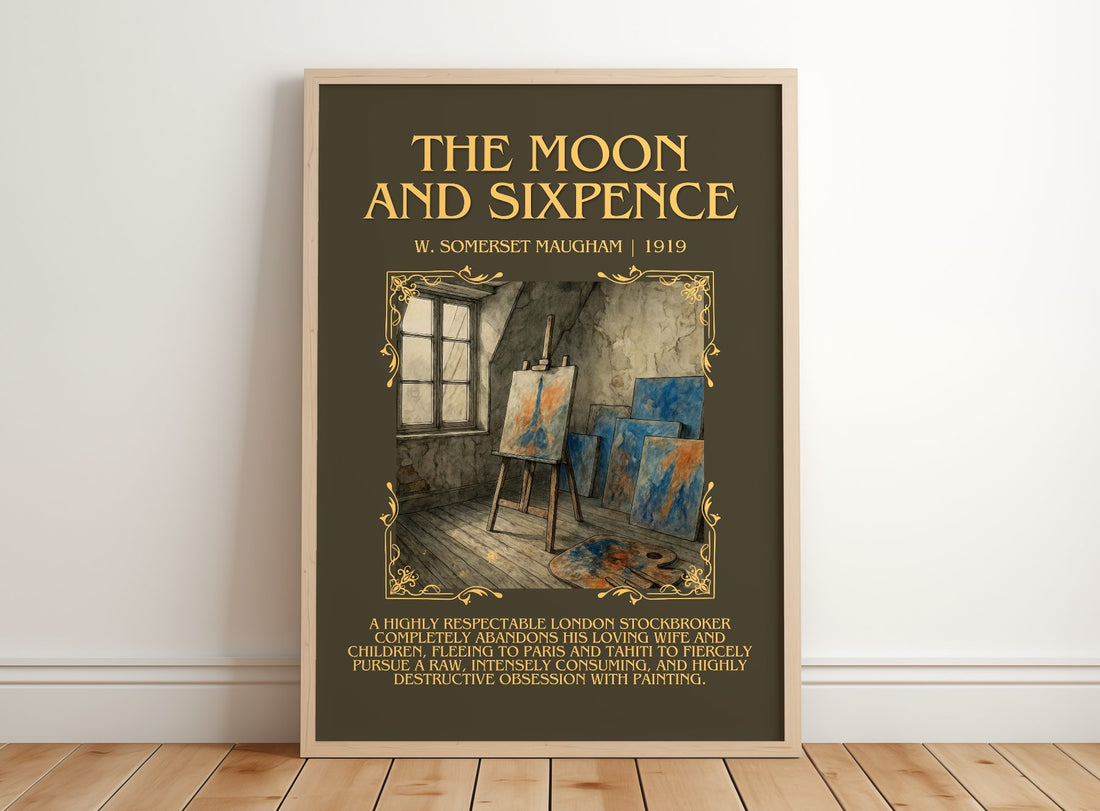 The Moon And Sixpence Minimalist Book Poster by W. Somerset Maugham – framed print leaning on a wooden floor
