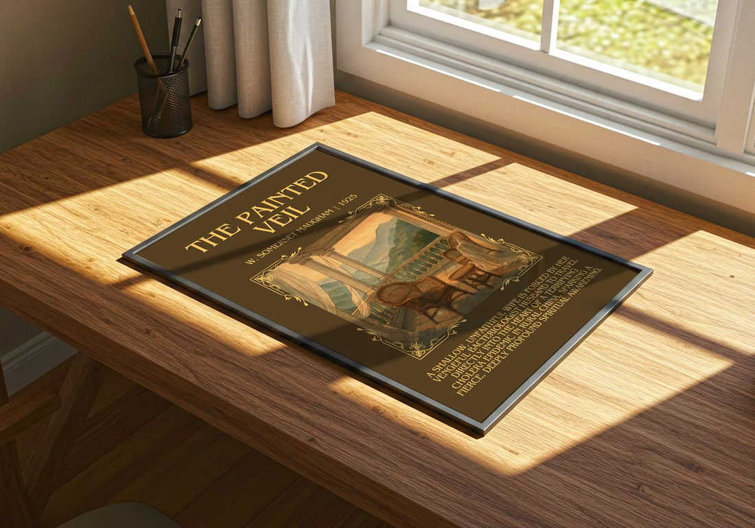 The Painted Veil Minimalist Book Poster by W. Somerset Maugham – print on a sunlit desk