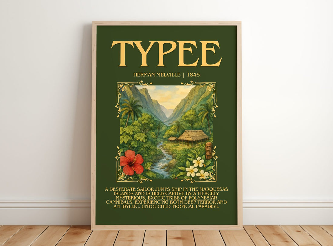 Typee Minimalist Book Poster by Herman Melville – framed print leaning on a wooden floor