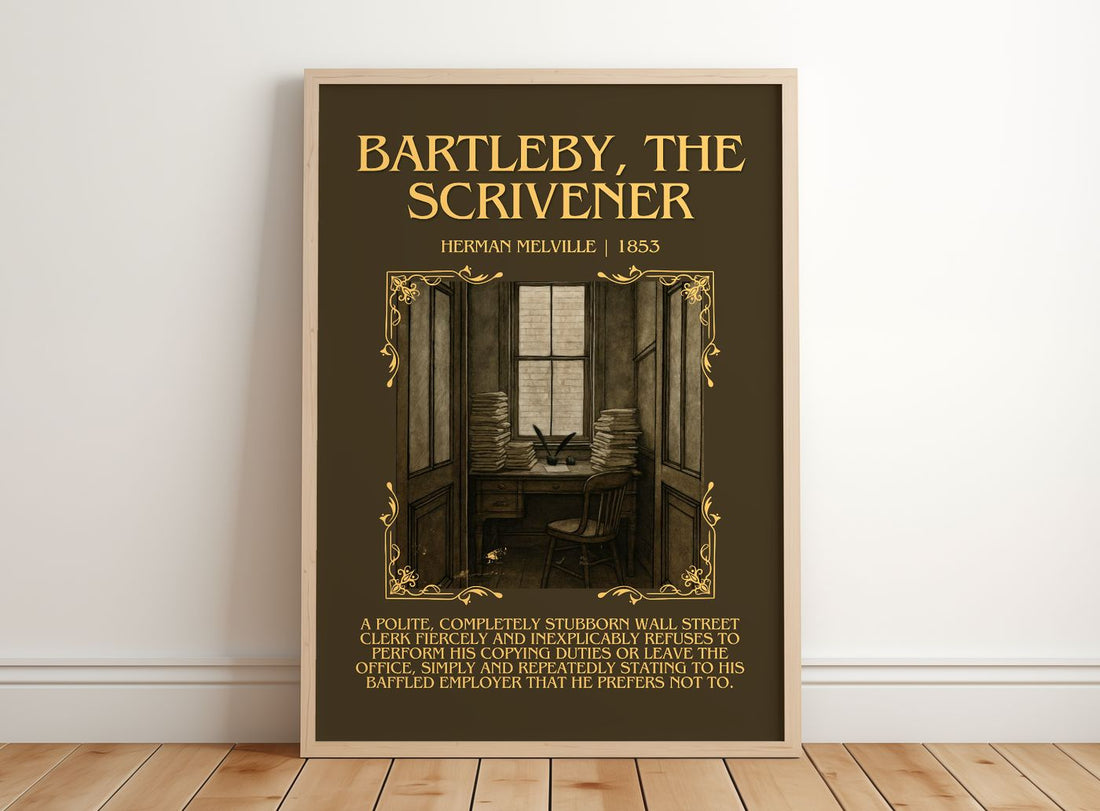 Bartleby, The Scrivener Minimalist Book Poster by Herman Melville – framed print leaning on a wooden floor