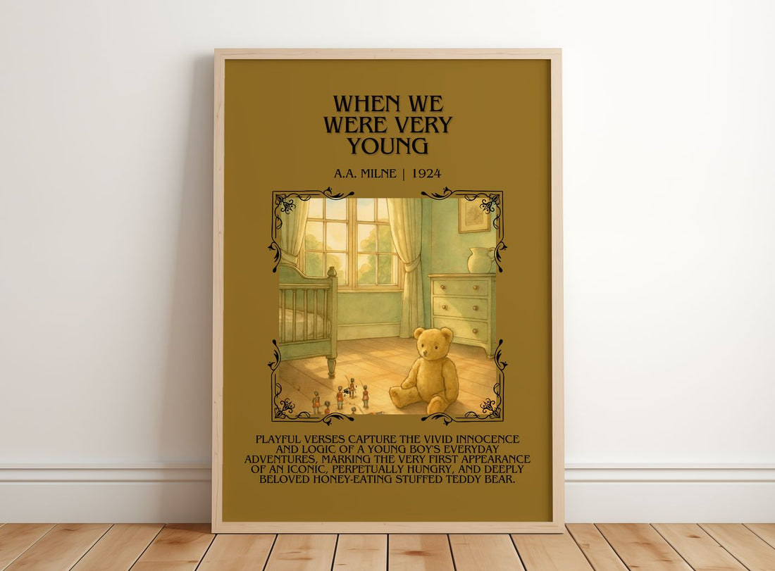 When We Were Very Young Minimalist Book Poster by A.A. Milne – framed print leaning on a wooden floor