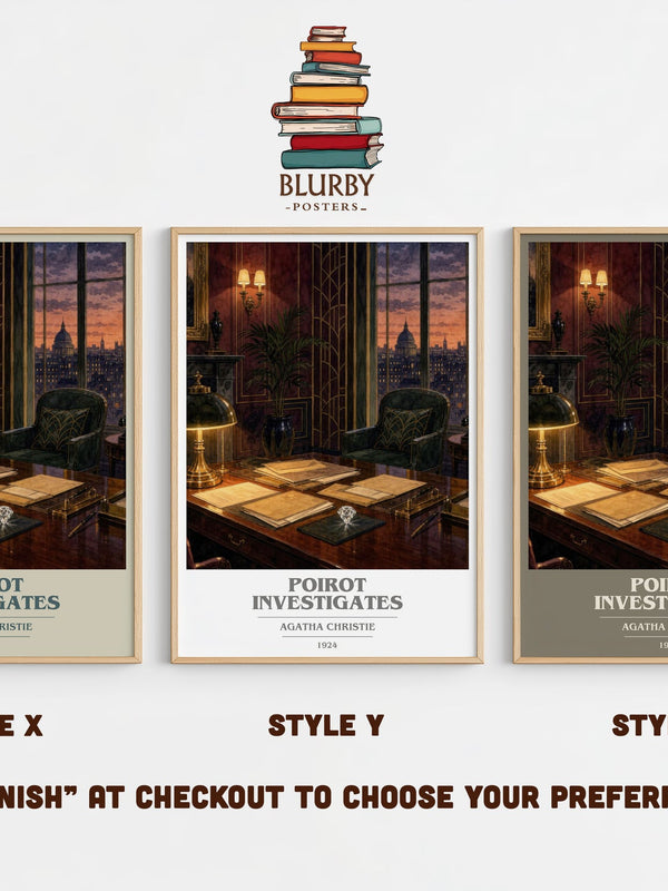 Poirot Investigates book cover print in frame leaning in hallway – mystery wall art