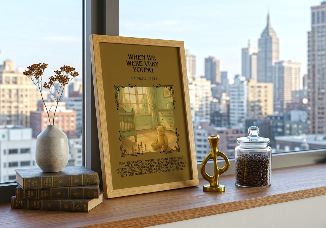 When We Were Very Young Minimalist Book Poster by A.A. Milne – framed print on a city-view windowsill