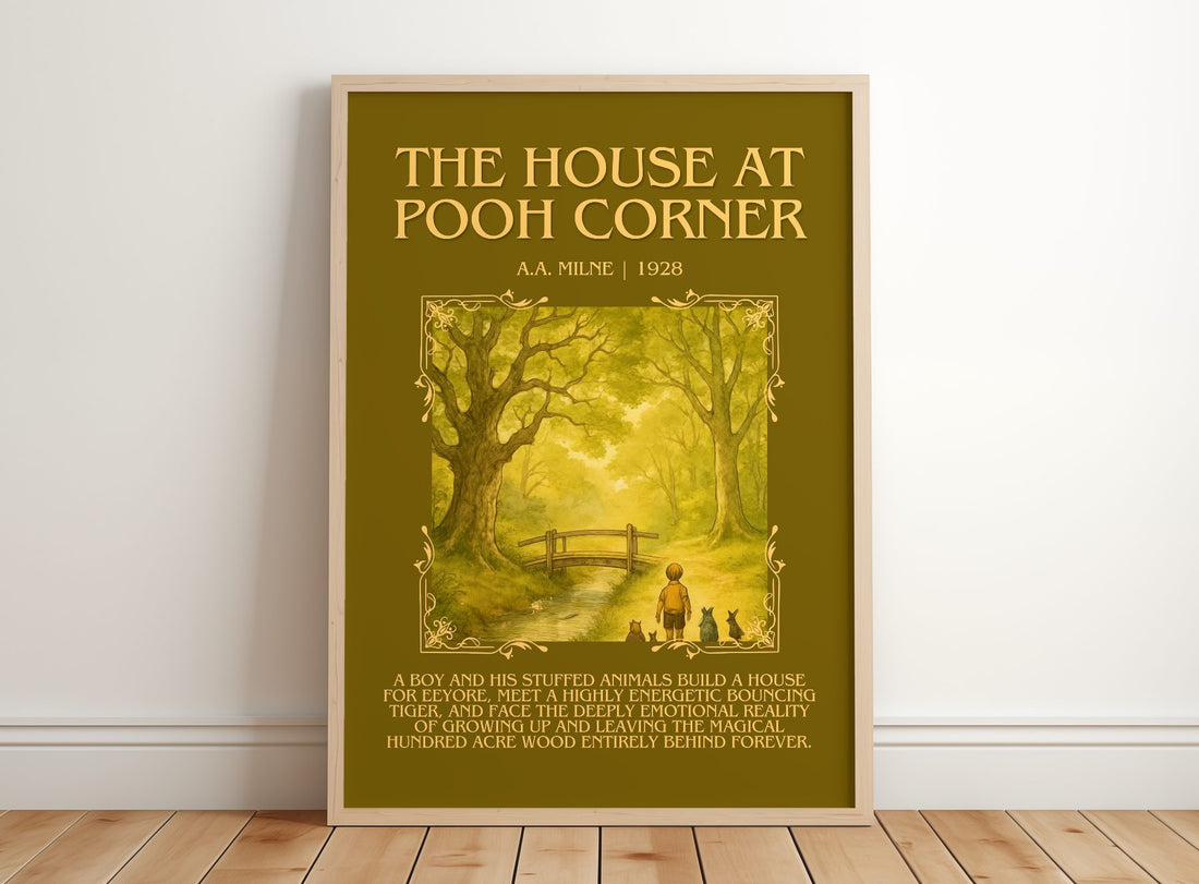 The House At Pooh Corner Minimalist Book Poster by A.A. Milne – framed print leaning on a wooden floor