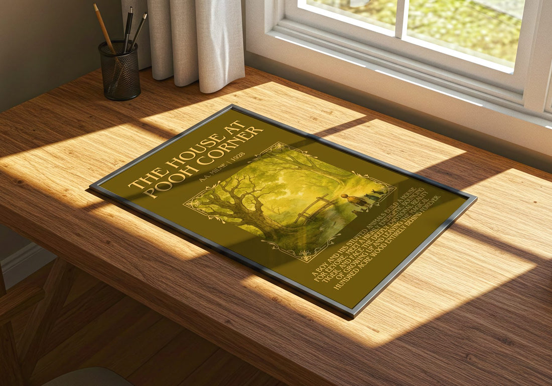 The House At Pooh Corner Minimalist Book Poster by A.A. Milne – print on a sunlit desk