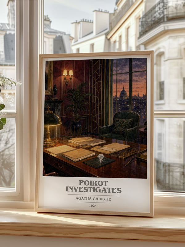 Poirot Investigates Book Cover Poster by Agatha Christie – framed print by a bright window