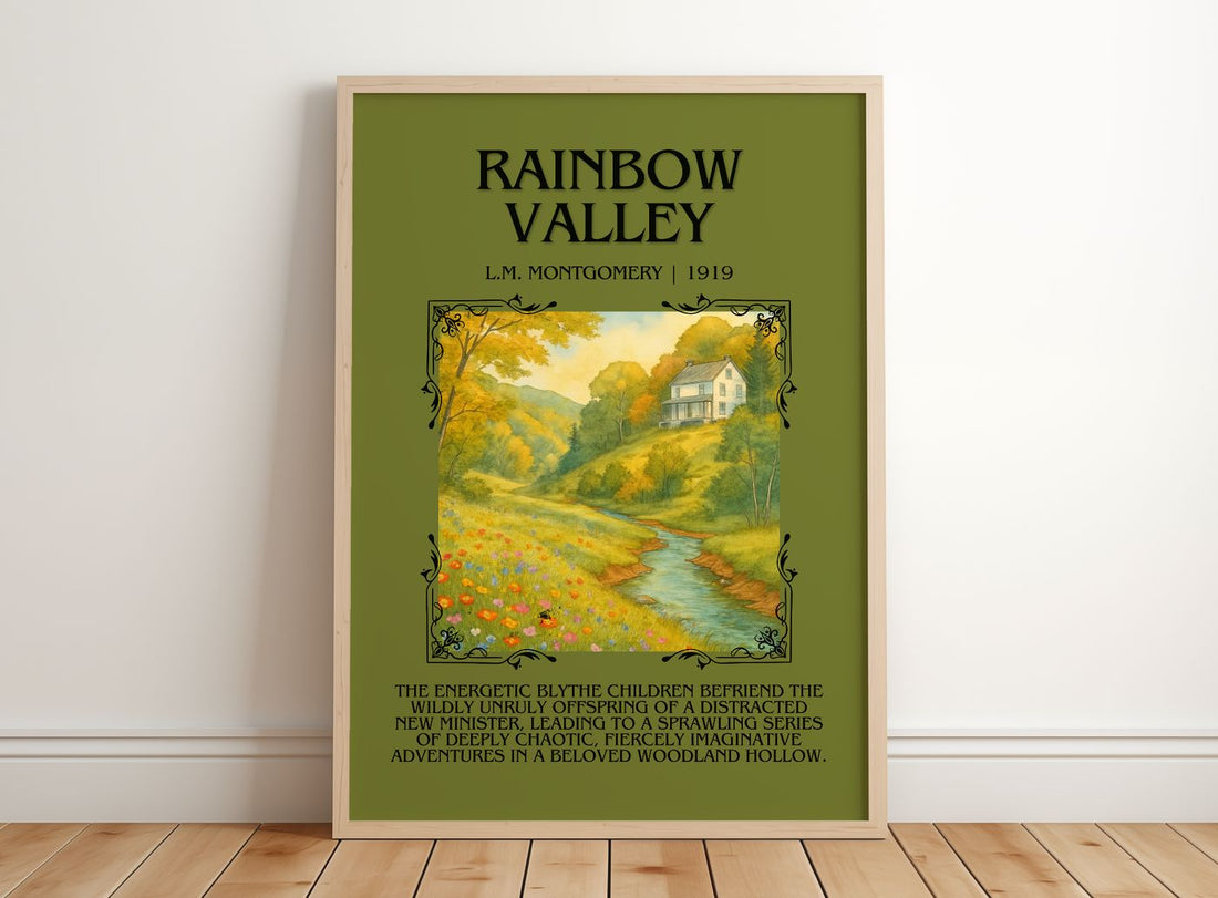 Rainbow Valley Minimalist Book Poster by L.M. Montgomery – framed print leaning on a wooden floor