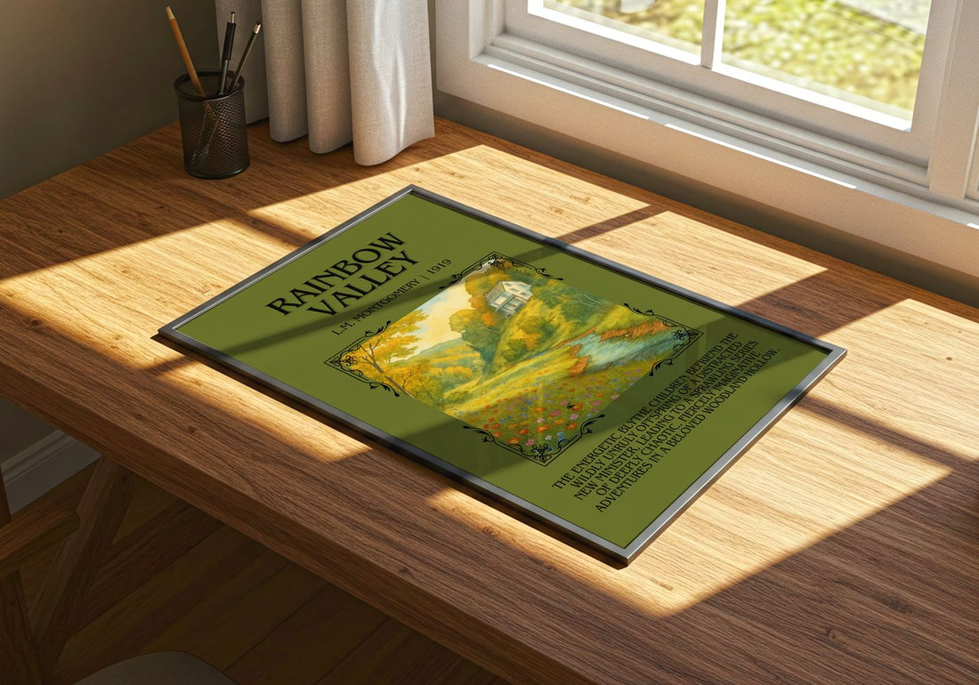 Rainbow Valley Minimalist Book Poster by L.M. Montgomery – print on a sunlit desk