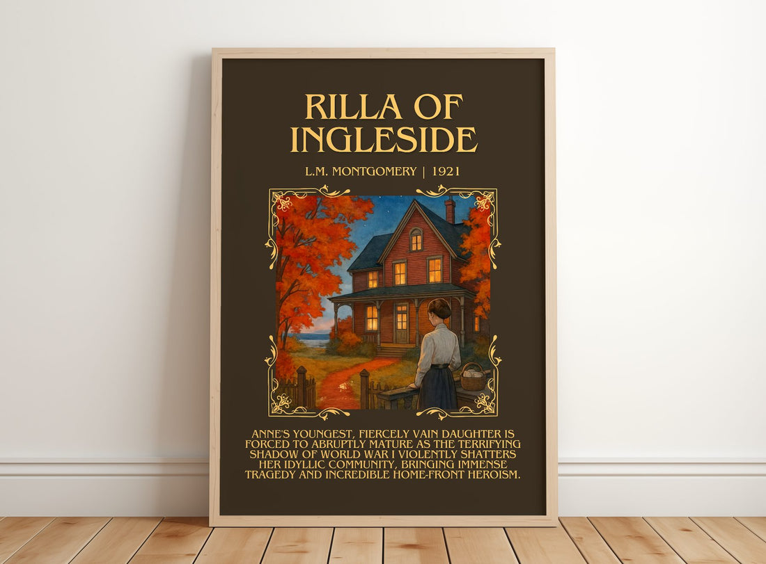 Rilla Of Ingleside Minimalist Book Poster by L.M. Montgomery – framed print leaning on a wooden floor