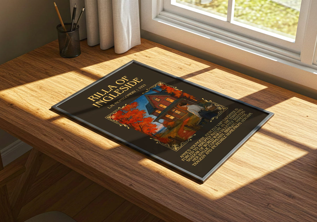 Rilla Of Ingleside Minimalist Book Poster by L.M. Montgomery – print on a sunlit desk