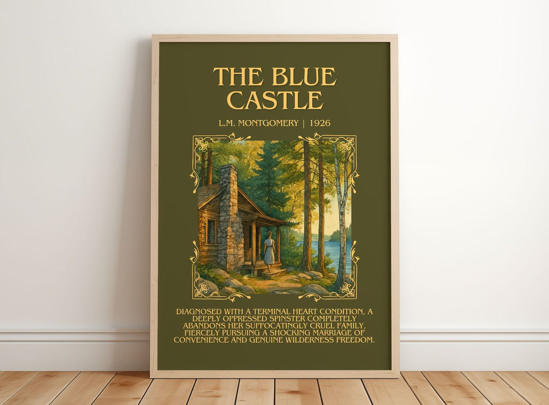 The Blue Castle Minimalist Book Poster by L.M. Montgomery – framed print leaning on a wooden floor