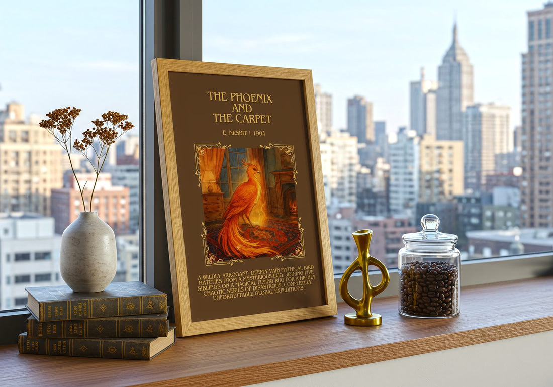 The Phoenix And The Carpet Minimalist Book Poster by E. Nesbit – framed print on a city-view windowsill