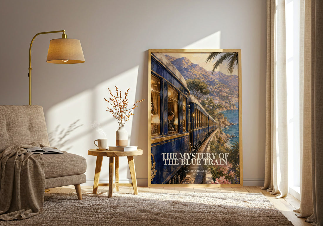 The Mystery Of The Blue Train watercolour print in frame leaning in hallway – mystery wall art (mockup)