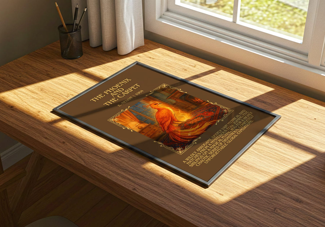 The Phoenix And The Carpet Minimalist Book Poster by E. Nesbit – print on a sunlit desk