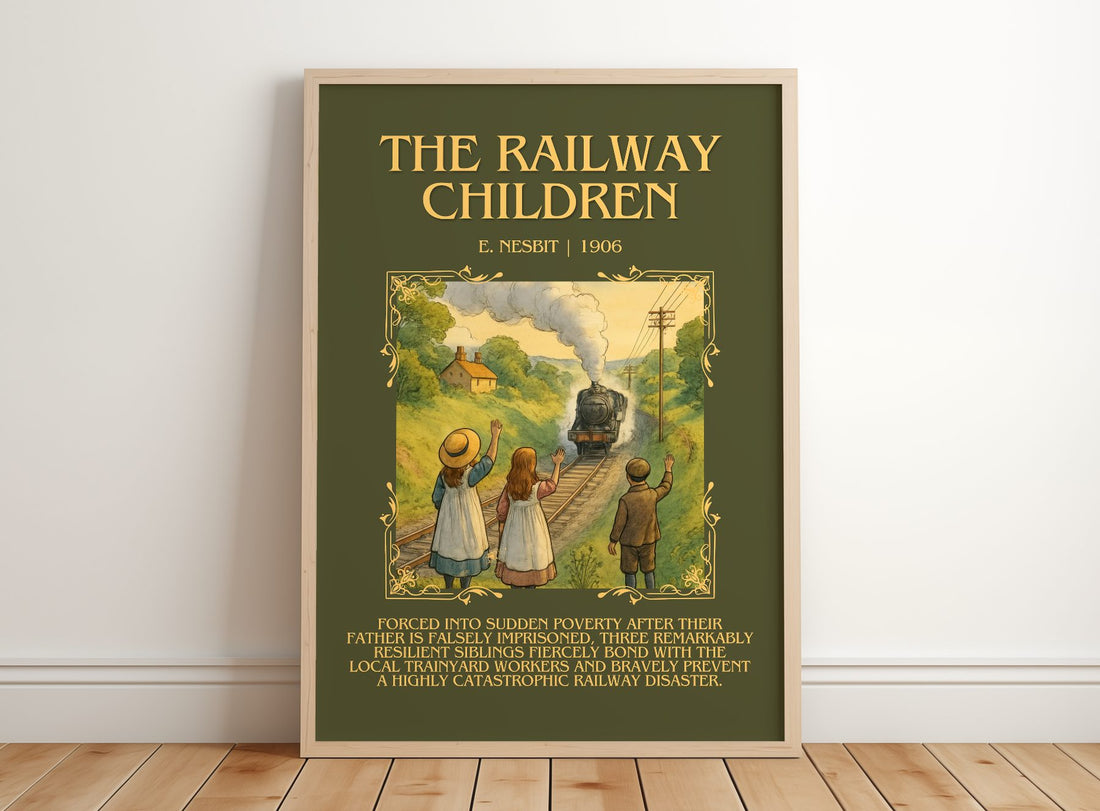 The Railway Children Minimalist Book Poster by E. Nesbit – framed print leaning on a wooden floor