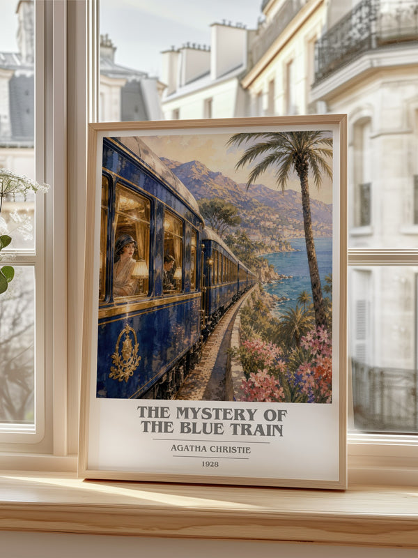 The Mystery Of The Blue Train Book Cover Poster by Agatha Christie – framed print by a bright window
