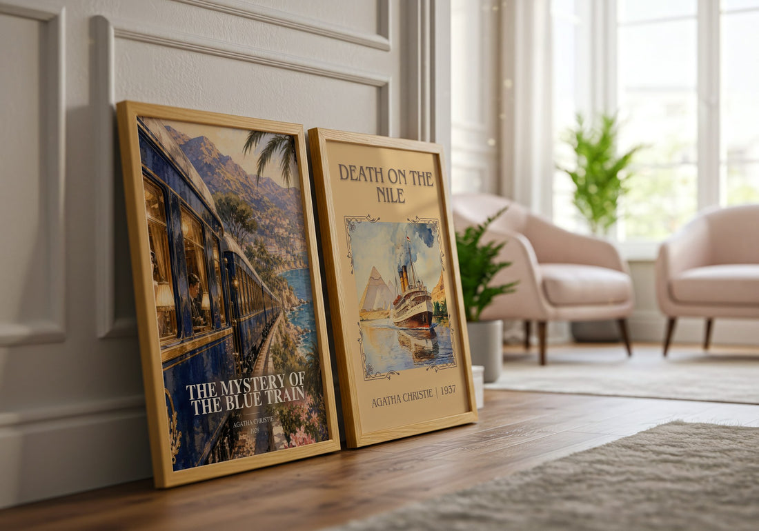 The Mystery Of The Blue Train watercolour print framed by window – literary home decor