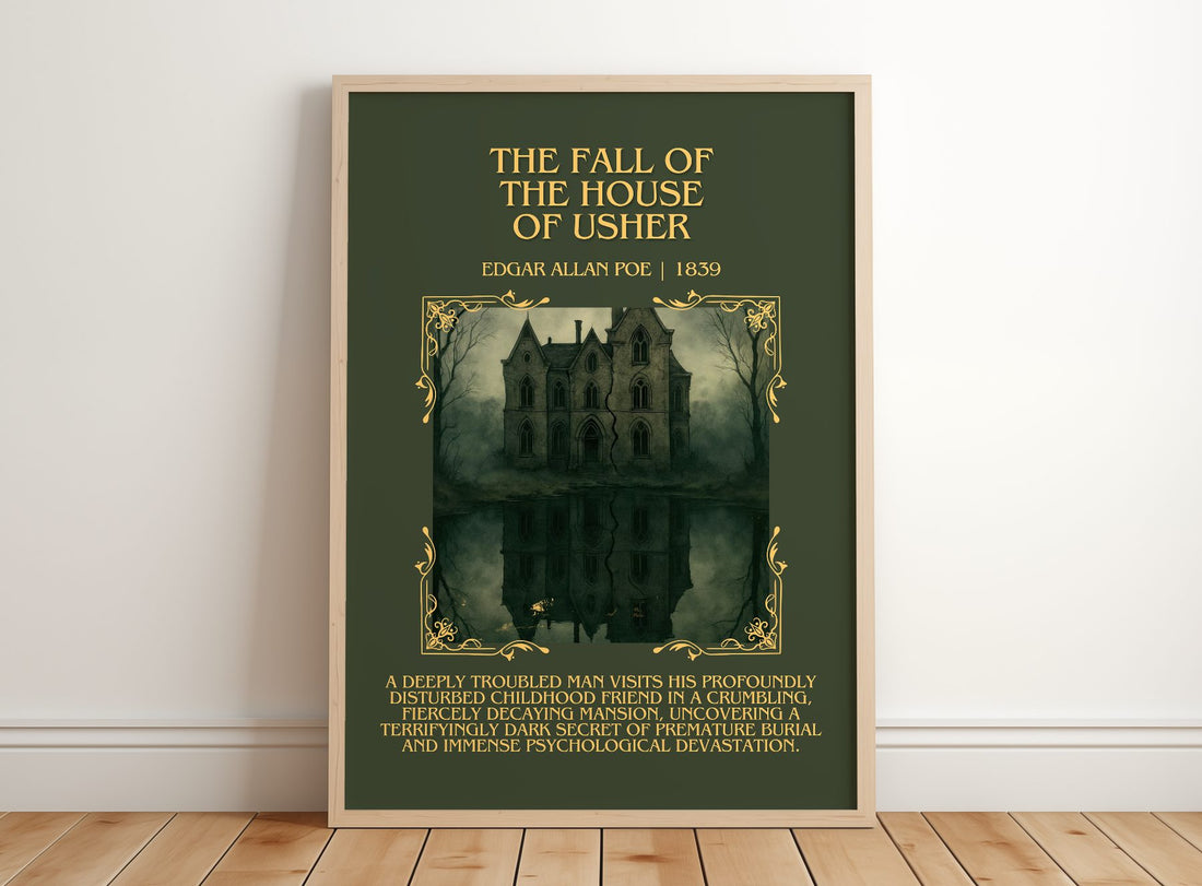 Fall Of The House Of Usher Minimalist Book Poster by Edgar Allan Poe – framed print leaning on a wooden floor