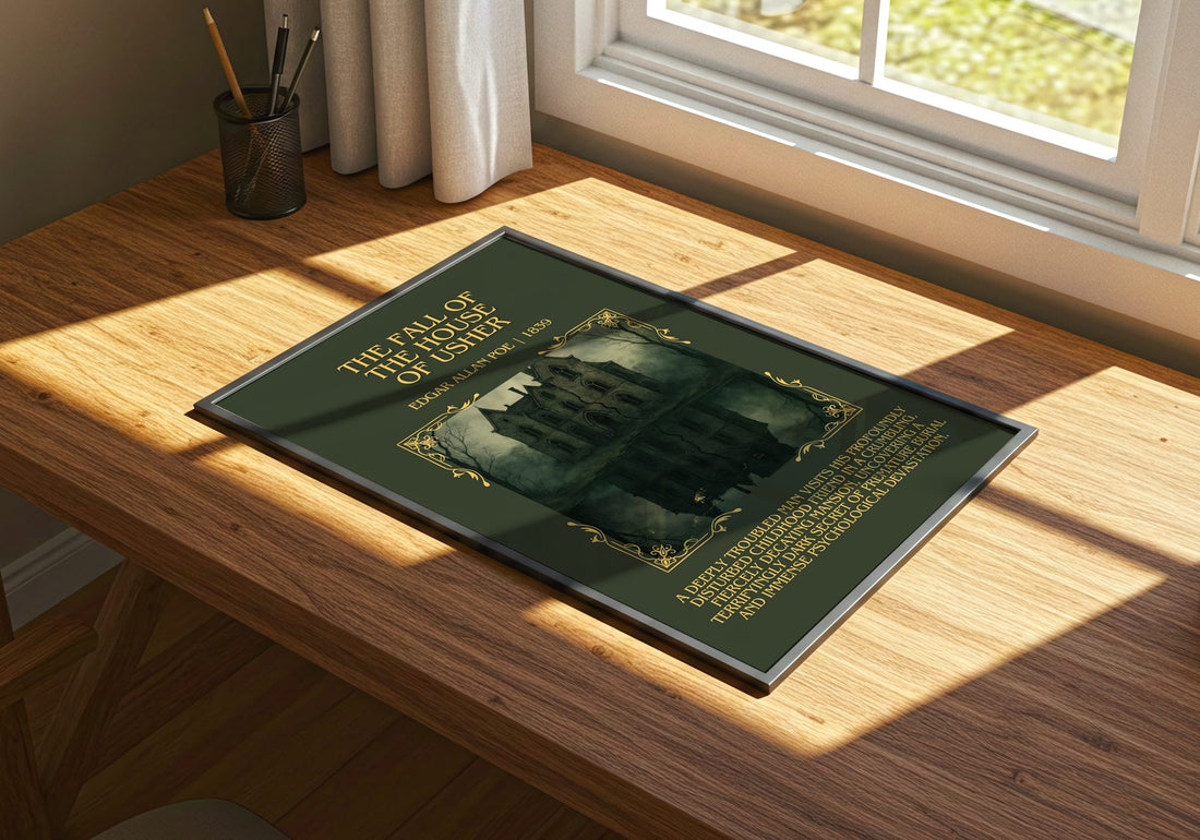 Fall Of The House Of Usher Minimalist Book Poster by Edgar Allan Poe – print on a sunlit desk