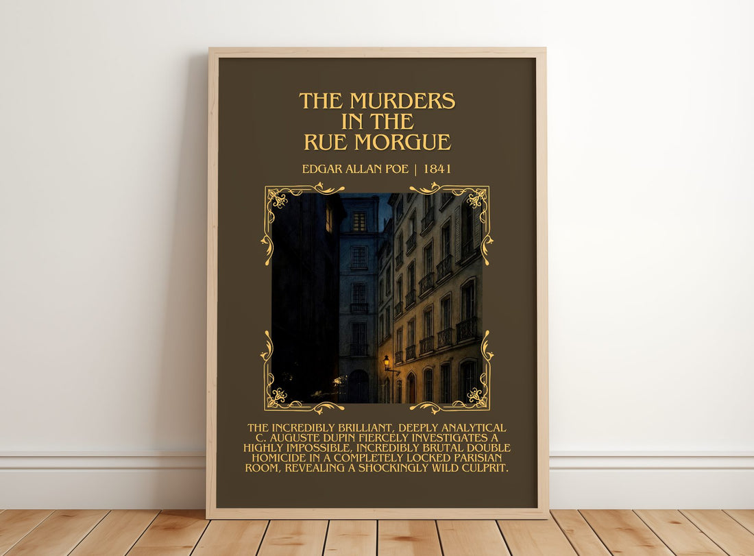 Murders In The Rue Morgue Minimalist Book Poster by Edgar Allan Poe – framed print leaning on a wooden floor