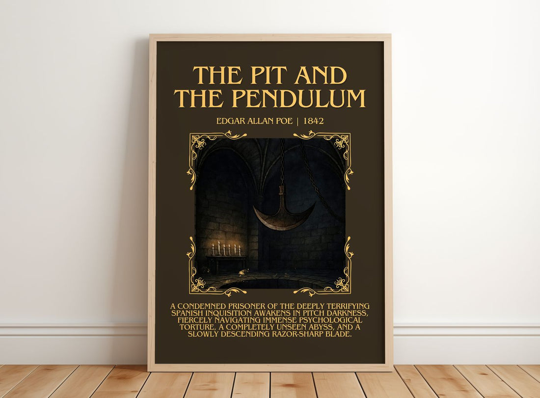 The Pit And The Pendulum Minimalist Book Poster by Edgar Allan Poe – framed print leaning on a wooden floor